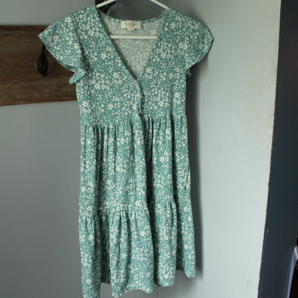 Jessica Simpson Size S (7/8) Girls Dress Tiered Green Floral